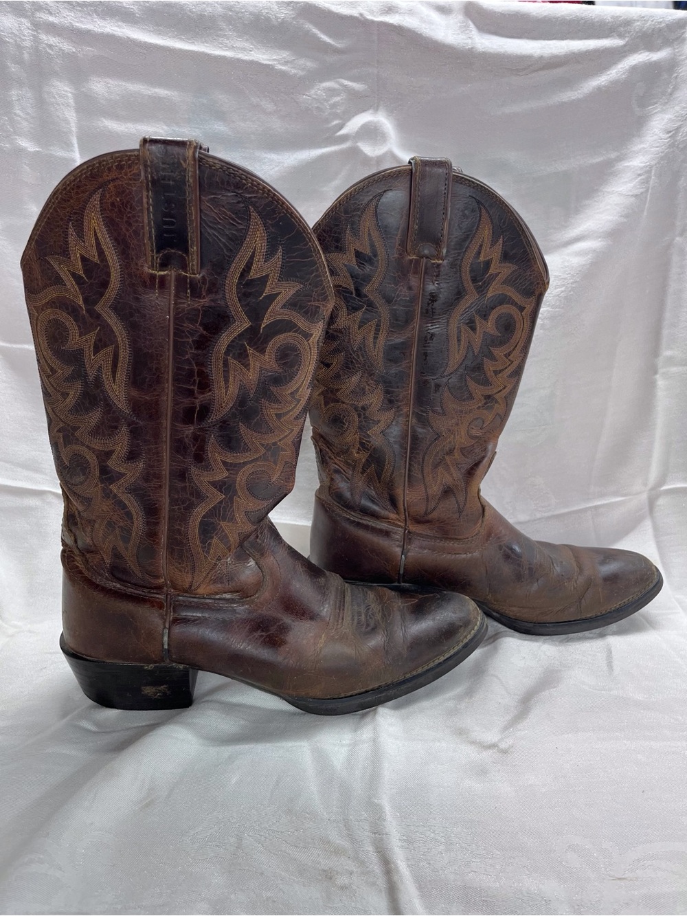 Justin Leather Cowboy Boots Brown Embroidered Western Boots Mens 9.5 EE Wide